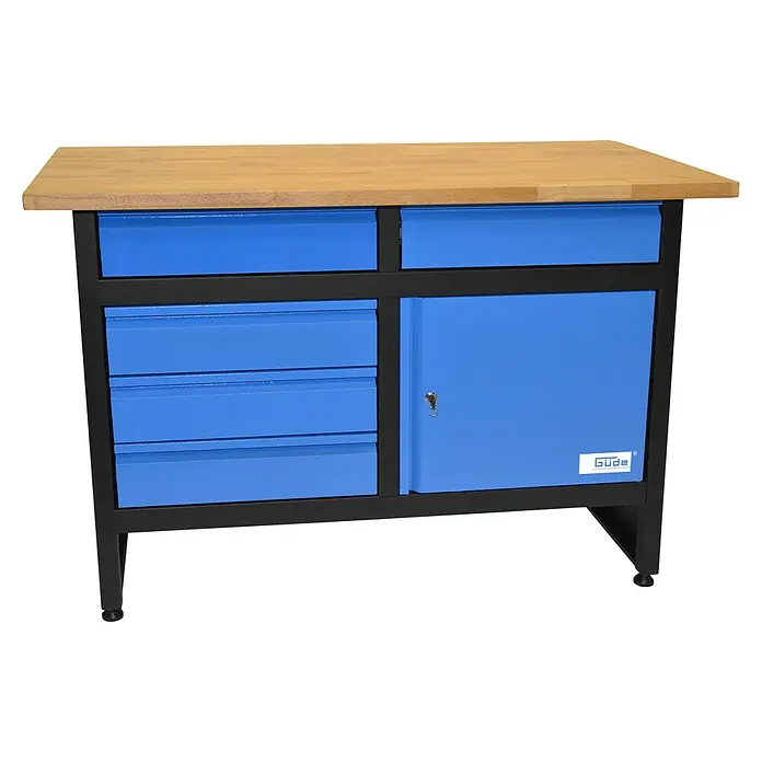 Güde Werkbank GW 5/1 - L x B x H: 60 x 120 x 85 cm, Anzahl Schubladen: 5 Stk. - Werkbank mit Schubladen und Schrank mit hellbrauner Arbeitsplatte und blauen Schubladen.