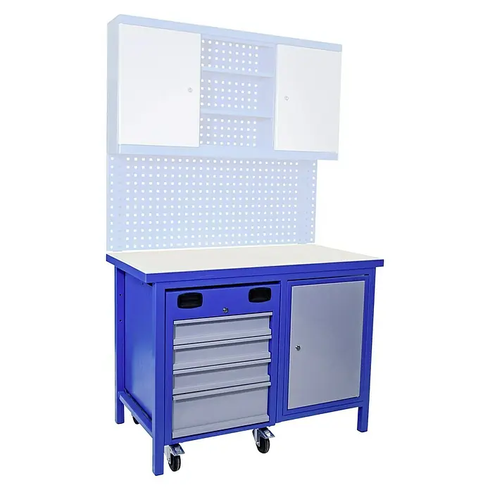 Güde Werkbank 2300 SLT Multi - L x B x H: 60 x 119 x 85 cm, Anzahl Schubladen: 4 Stk., Blau/Grau - Werkbank mit Schubladen und Schrank, ideal für Werkstatt und Hobbyraum. Die robuste Konstruktion bietet viel Stauraum.