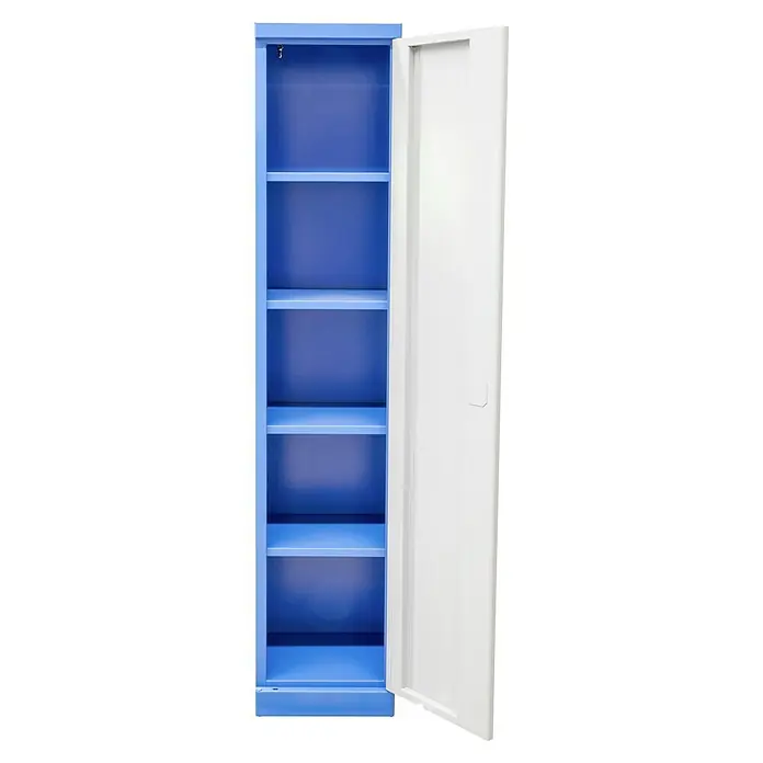Güde Werkzeugschrank Typ A - 37,5 x 38 x 193 cm - Ein offener, blauer Metallschrank mit fünf Einlegeböden und einer weißen Tür. Ideal für Büro oder Werkstatt zur Aufbewahrung von Dokumenten und Werkzeugen.