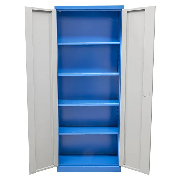 Güde Werkzeugschrank Typ B - 38 x 79 x 193 cm - Ein blauer Metallschrank mit offenen Türen und sechs Regalen. Ideal für Büro oder Werkstatt zur geordneten Aufbewahrung von Materialien.