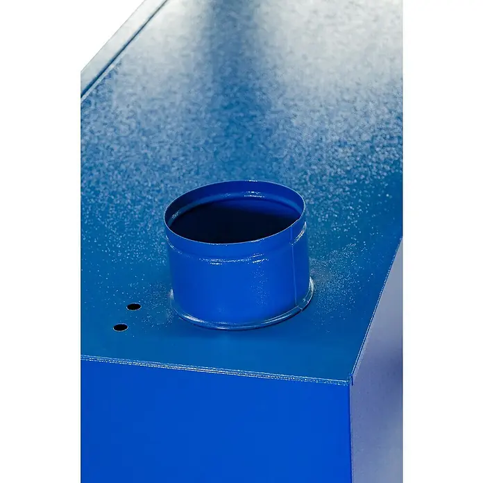 Güde Gefahrstoffschrank TYP III - H x B x T: 200 x 92 x 38 cm, Blau/Grau, Fertig montiert, Anzahl Böden: 6 Stk. - Detailansicht einer blau lackierten Metallkonstruktion mit einem zylindrischen Aufsatz und Bohrlöchern, die die industrielle Präzision hervorhebt.