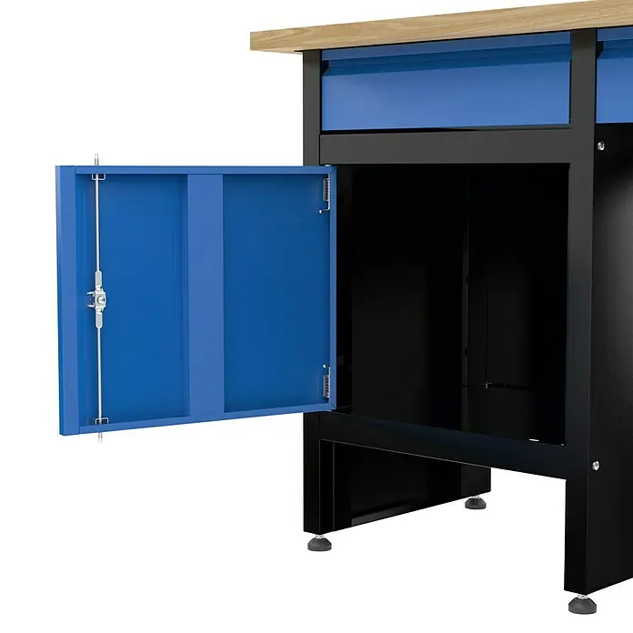 Güde Werkbank GW 6/1 XL - L x B x H: 60 x 171,2 x 85 cm, Anzahl Schubladen: 6 Stk. - Abbildung eines blauen Werkzeugschranks mit geöffneter Tür. Der Schrank verfügt über eine Holzarbeitsplatte und Schubladen.