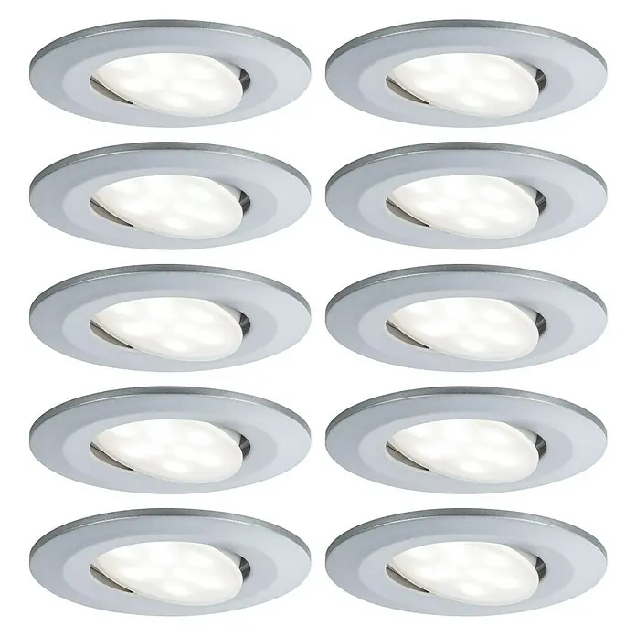 Paulmann LED-Einbauleuchten-Set Calla - 6 W, Ø x H: 9 cm x 5 mm, Chrom, Neutralweiß - Nahaufnahme von 10 runden, weißen LED-Deckeneinbaustrahlern mit verstellbarem Kopf auf schwarzem Hintergrund.