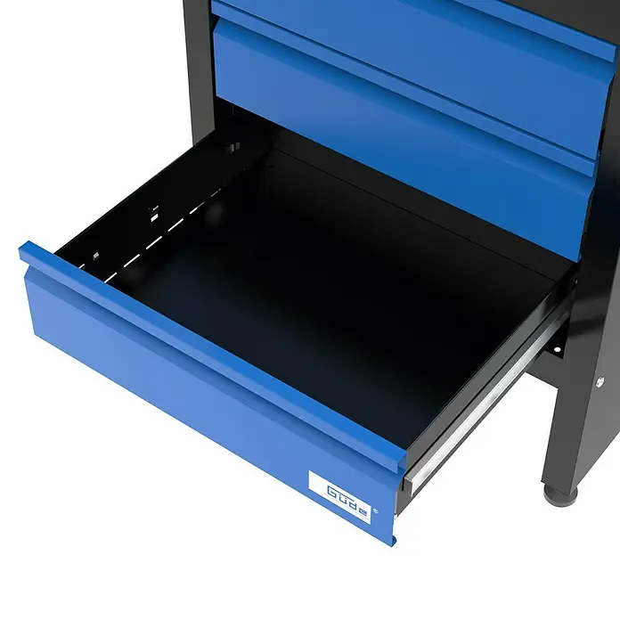 Güde Werkbank GW 6/1 XL - L x B x H: 60 x 171,2 x 85 cm, Anzahl Schubladen: 6 Stk. - Schubladenwagen mit offener blauer Schublade. Ideal zur Werkzeugaufbewahrung mit Güde Logo.