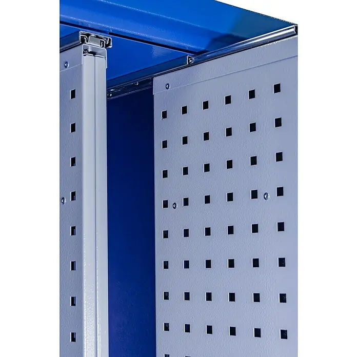 Güde Werkzeugschrank VAS T02 - 58 x 111 x 193 cm - Detailansicht eines Werkstattschranks mit Lochplatten und Schiebetüren für Werkzeugaufbewahrung, blau und grau.