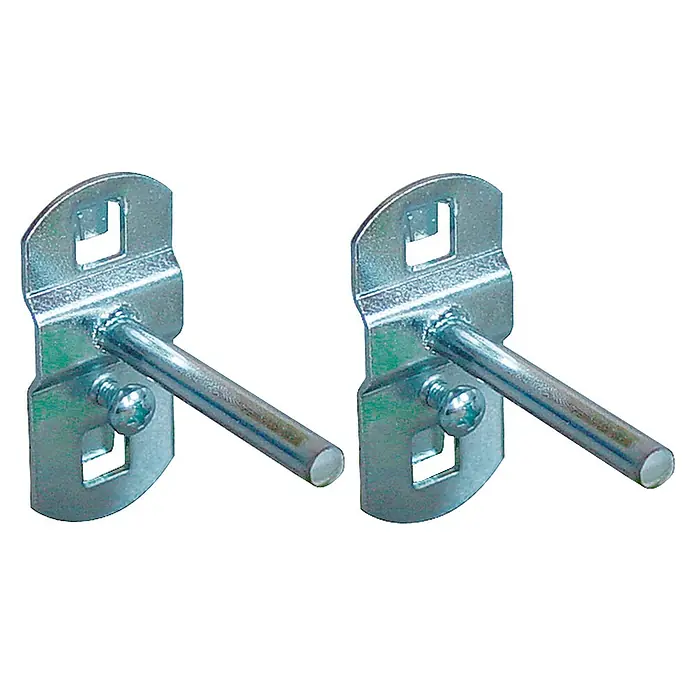 Güde Werkzeughalter H0/55 - 2 Stk. - Nahaufnahme von zwei Regalbödenhaltern aus Metall, die zur Befestigung von Regalböden dienen und eine stabile Konstruktion aufweisen.
