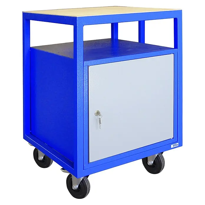 Güde Werkbank P 600 T - L x B x H: 60 x 57 x 85 cm - Werkstattwagen mit blauem Rahmen, Rädern und einer grauen Tür mit Schloss für die Aufbewahrung von Werkzeugen und Materialien.