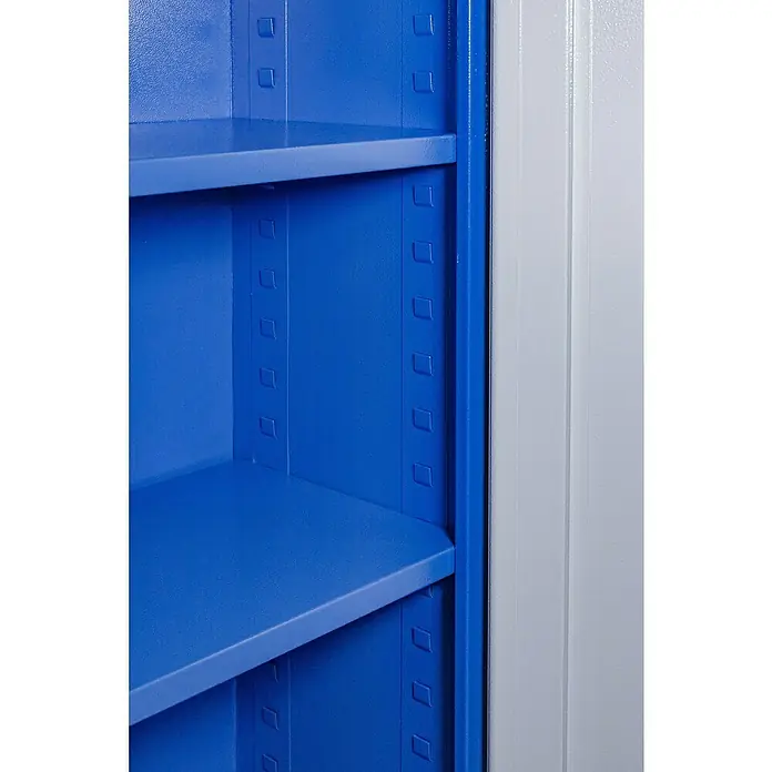Güde Werkzeugschrank Typ C - 38 x 110 x 193 cm, Grau/Blau - Detailansicht eines blauen Metallregals mit verstellbaren Fächern und einer robusten, langlebigen Konstruktion.