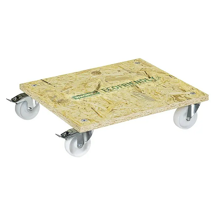 Wagner System Transportroller MM 1617 - L x B x H: 590 x 490 x 25 mm, Traglast: 400 kg, Holz - Bild einer Transportrolle mit einer OSB-Platte und vier Rollen. Ideal zum Bewegen von Möbeln und schweren Gegenständen.