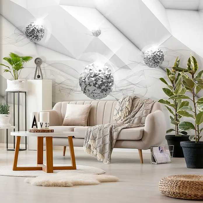 Fototapete SilberkugelnB x H: 416 x 254 cm, Vlies - Wohnzimmer mit beigem Sofa, Couchtisch und Pflanzen vor einer modernen Wand.