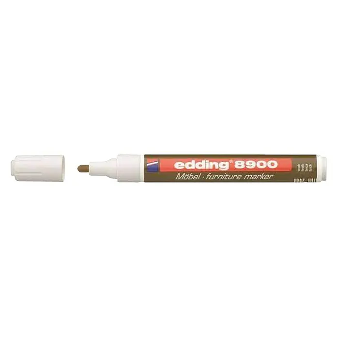 Edding Marcador permanente para muebles - Grosor de trazo: 1,5 mm - 2 mm, Teca - Primer plano de un rotulador para muebles Edding 8900 con el tapón quitado, sobre un fondo negro y destinado a retoques de muebles.
