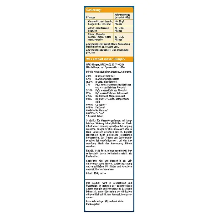 Substral Osmocote Langzeitdünger Zitrus & mediterrane Pflanzen - 750 g, Passend für: 37 Pflanzen - Bild der Inhaltsstoffliste des NPK-Düngers mit Dosierungshinweisen für verschiedene Pflanzen und Warnhinweisen.