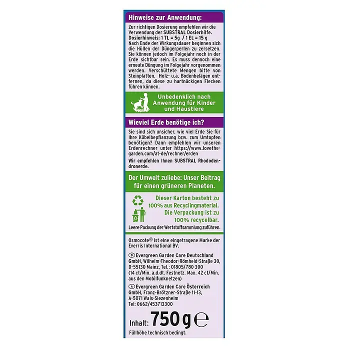 Substral Langzeitdünger Rhododendren & Hortensien - 750 g, Passend für: 50 Pflanzen - Produktetikett mit Anweisungen zur Verwendung, Sicherheitshinweisen und Angaben zum Recycling für eine umweltfreundliche Anwendung.