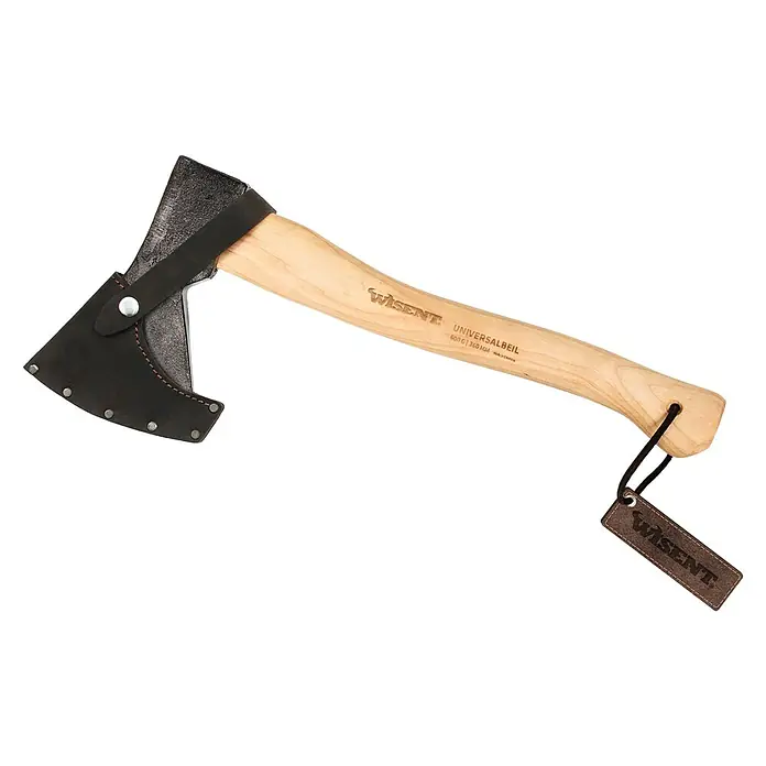 Wisent Universalbeil - Gewicht Kopf: 600 g, Länge Stiel: 360 mm - Nahaufnahme einer Wisent Universalaxt mit Lederscheide, Holzgriff und Anhänger.