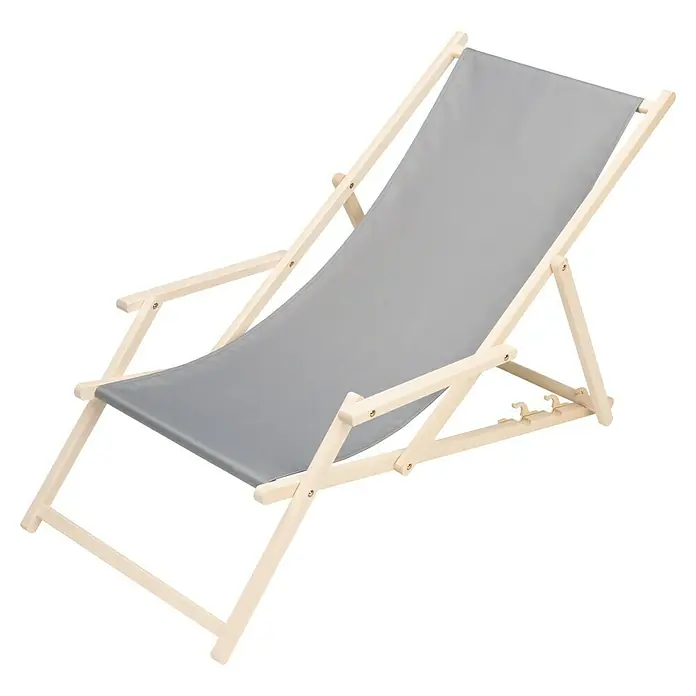 Liegestuhl - Grau/Natur, 140 x 58 x 60 cm - Dieser graue Liegestuhl aus Holz ist ideal zum Entspannen im Garten oder am Strand. Er ist klappbar und leicht zu transportieren.