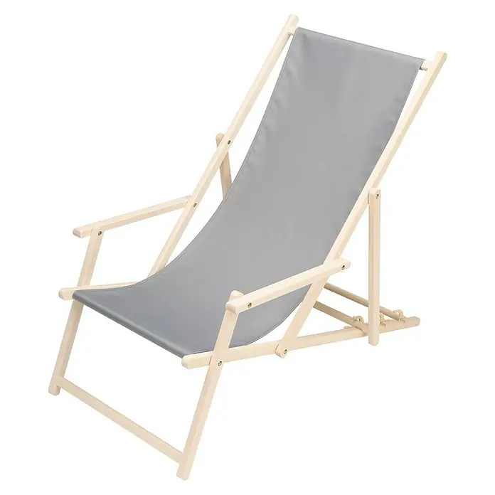 Liegestuhl - Grau/Natur, 140 x 58 x 60 cm - Grauer Liegestuhl aus Holz mit verstellbarer Rückenlehne. Ideal für Garten, Terrasse oder Balkon zum Entspannen und Sonnenbaden.