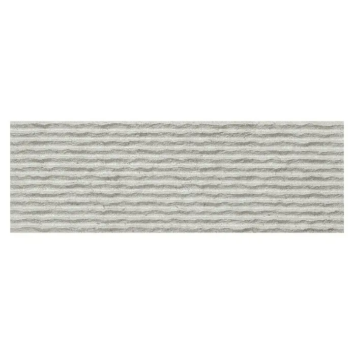 Verblendstein Niagara Perla - 60 x 20 cm, Hellgrau, Steinoptik - Nahaufnahme einer Wandfliese mit horizontalen, wellenförmigen Rillen in Grau, die eine strukturierte Oberfläche zeigt.