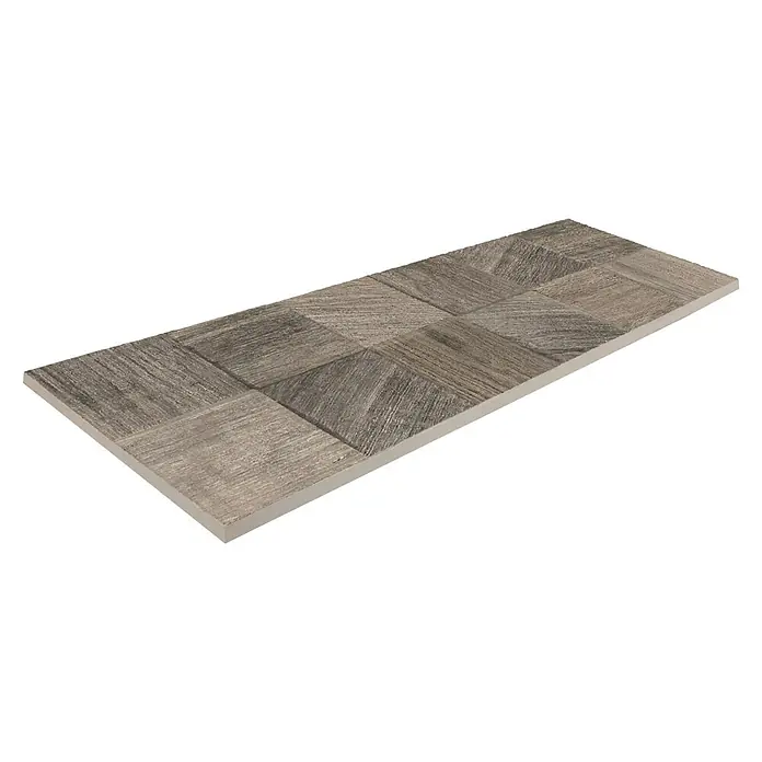 Verblendstein Sakura Gris - 60 x 20 cm, Steinoptik - Nahaufnahme einer länglichen Fliese mit einem interessanten quadratischen Holzmaserungsmuster in Grautönen.
