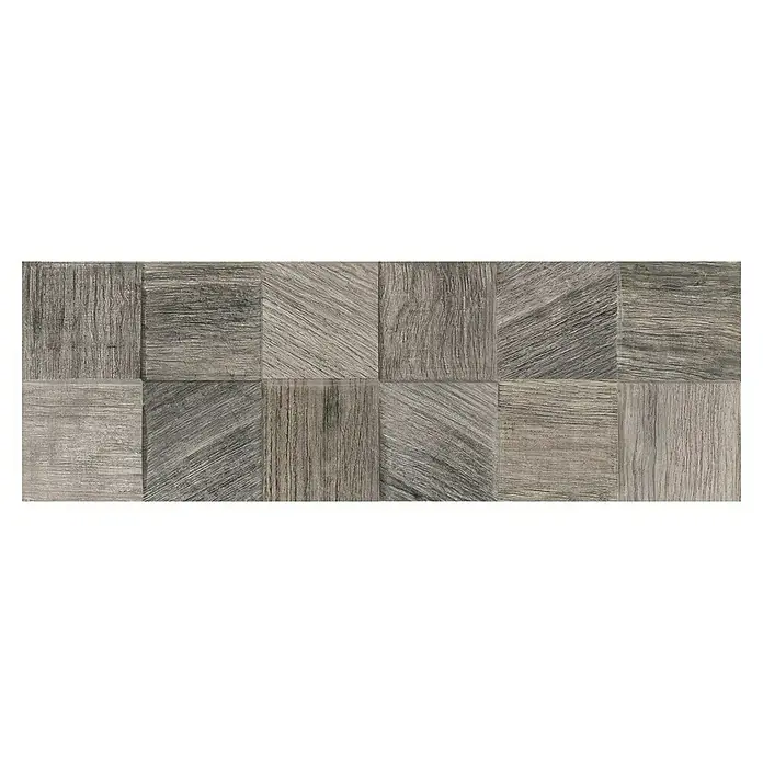 Verblendstein Sakura Gris - 60 x 20 cm, Steinoptik - Graue Holzstrukturfliesen in quadratischem Muster verlegt, erzeugen eine rustikale und doch moderne Boden- oder Wandgestaltung.