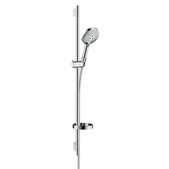 Hansgrohe Brausegarnitur Raindance Select S 120 - Lochabstand: 91,5 cm, Art Strahl: Rain, RainAir, Whirl, Chrom, Seifenschale - Das Bild zeigt eine verchromte Duschstange mit Handbrause und einem Halter. Die Stange ist vertikal angebracht und wirkt modern.