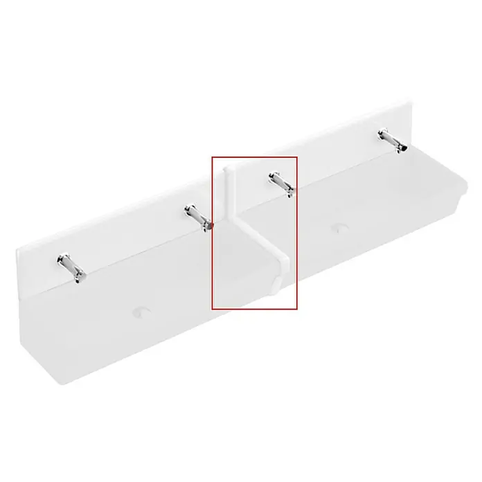 Villeroy & Boch O.novo Waschbecken-Leiste - Mit schmutzabweisender Glasur, Weiß, Zwischen zwei Rückwandplatten - Wandmontiertes Waschbecken aus weißem Steinzeug mit Chromhähnen, hervorgehoben durch eine rote Markierung.