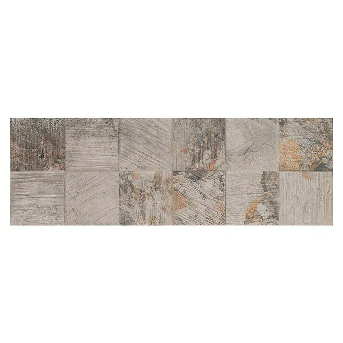Verblendstein Arosa Perla - 60 x 20 cm, Braun/Beige, Steinoptik - Das Bild zeigt eine Nahaufnahme von Wandfliesen mit einem gemusterten Design in Braun- und Grautönen, die eine rustikale und natürliche Ästhetik erzeugen.