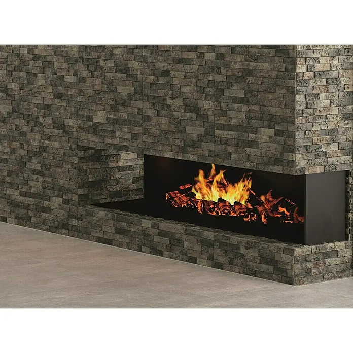 Verblendstein Irazu Mix - 60 x 20 cm, Braun, Steinoptik - Ein moderner Kamin mit Steinverkleidung und loderndem Feuer sorgt für Wärme und Gemütlichkeit im Raum.