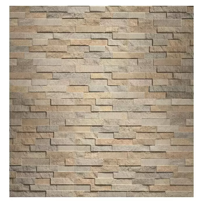 Verblendstein Canyon Mix - 60 x 20 cm, Beige, Steinoptik - Texturierte Wandfliesen aus Naturstein in Erdtönen (beige, braun, grau), rechteckig angeordnet.
