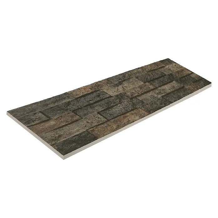 Verblendstein Irazu Mix - 60 x 20 cm, Braun, Steinoptik - Nahaufnahme einer dekorativen Wandfliese in Steinoptik mit verschiedenen Brauntönen und einer markanten Textur für stilvolle Innenräume.