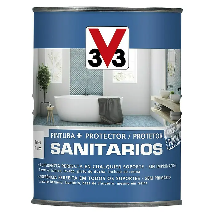 V33 Esmalte Sanitario - Blanco, 1 l - Imagen de una lata de pintura sanitaria blanca 3V3, adecuada para proteger y recubrir superficies en baños y cocinas.