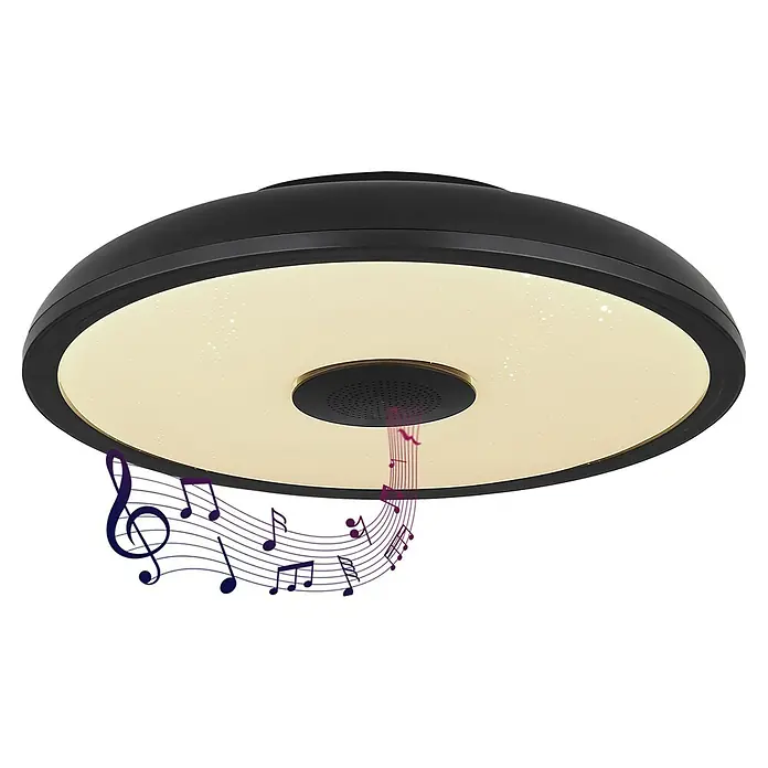 Globo Plafón LED redondo Raffy - 18 W, Ø x Al: 28 x 5,5 cm, Negro, RGBW - Lámpara de techo LED moderna con altavoz integrado para luz y música. Diseño elegante apto para cualquier habitación.