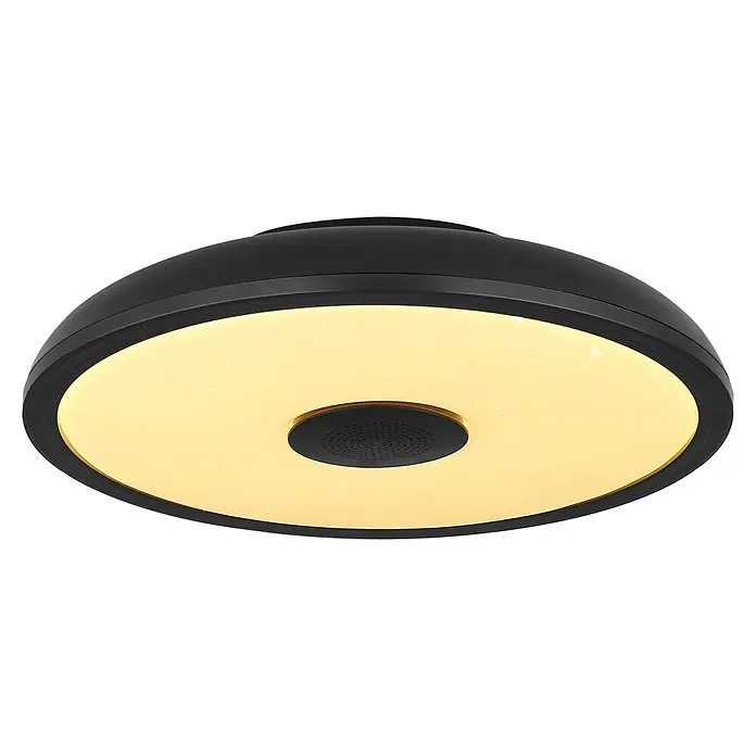 Globo Plafón LED redondo Raffy - 18 W, Ø x Al: 28 x 5,5 cm, Negro, RGBW - Moderna lámpara de techo LED negra con altavoz integrado. Perfecta para crear ambiente con luz y música.