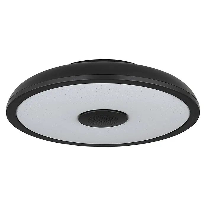Globo Plafón LED redondo Raffy - 18 W, Ø x Al: 28 x 5,5 cm, Negro, RGBW - Moderna lámpara de techo LED negra con altavoz en el centro. Diseño elegante para cualquier habitación con función de música.