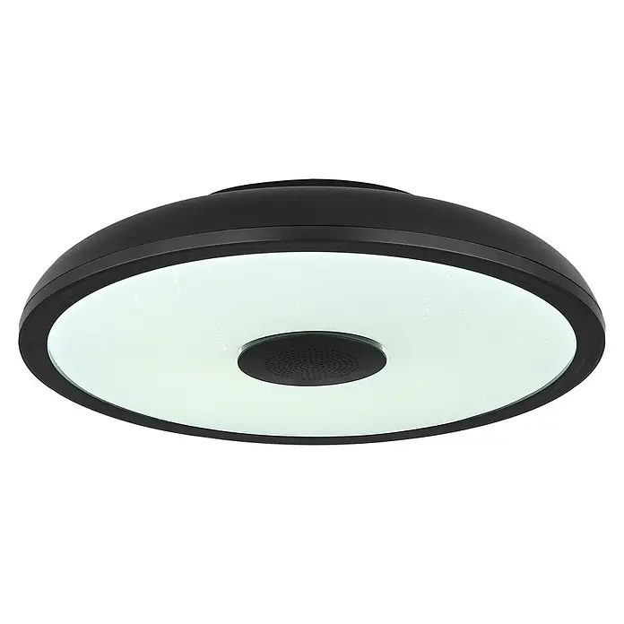 Globo Plafón LED redondo Raffy - 18 W, Ø x Al: 28 x 5,5 cm, Negro, RGBW - Primer plano de una lámpara de techo redonda negra con altavoz integrado y luz blanca difusa, ideal para espacios modernos.