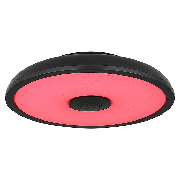 Globo Plafón LED redondo Raffy - 18 W, Ø x Al: 28 x 5,5 cm, Negro, RGBW - Este primer plano muestra una lámpara de techo LED negra, con un difusor iluminado en rojo y una rejilla de altavoz central.