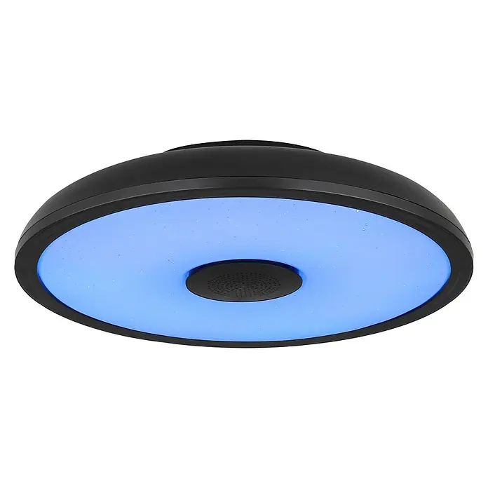 Globo Plafón LED redondo Raffy - 18 W, Ø x Al: 28 x 5,5 cm, Negro, RGBW - Una moderna lámpara de techo negra con altavoz integrado e iluminación azul para un ambiente atmosférico.