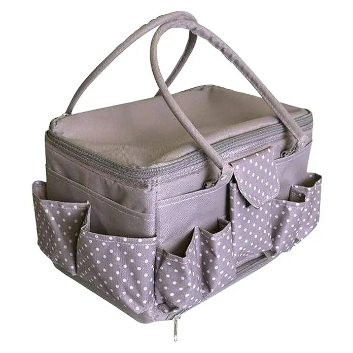 Bolsa de almacenaje Lunares - L x An x Al: 20 x 29 x 19 cm - Práctica bolsa de manualidades gris con lunares blancos y asas, ideal para guardar accesorios de costura y tejido.