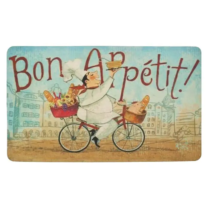Alfombra decorativa Chef en Bici - Multicolores - Una colorida ilustración de un chef en bicicleta con "Bon Appétit!", ideal para los amantes de la gastronomía.