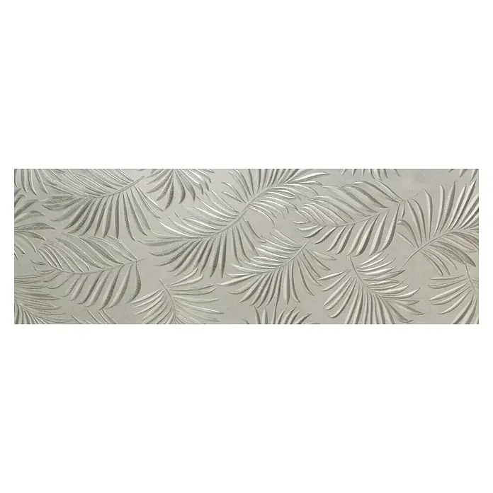 Wandfliese Palmeto Dekor Gris - 30 x 90 cm, Grau, Matt - Nahaufnahme einer strukturierten Wandfliese mit geprägten, silbernen Palmenblattmotiven, die ein elegantes und tropisches Flair verleihen.