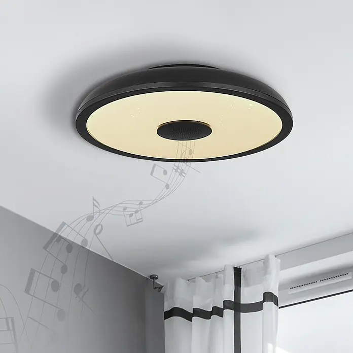 Globo Plafón LED redondo Raffy - 18 W, Ø x Al: 28 x 5,5 cm, Negro, RGBW - Lámpara de techo con altavoz integrado. La lámpara tiene un marco negro y emite una luz cálida.