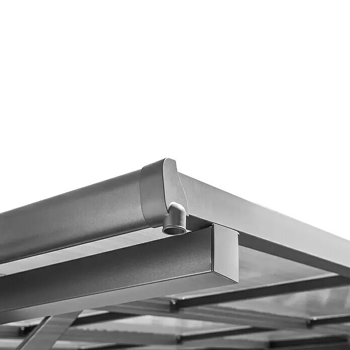 Carport Andy - Außenmaß inkl. Dachüberstand (B x T): 498 x 294 cm, Einzelcarport, Anthrazit - Grauer Metall-Pergola-Rahmen mit integrierter Regenrinne und Ablaufrohr, texturierte Oberfläche.
