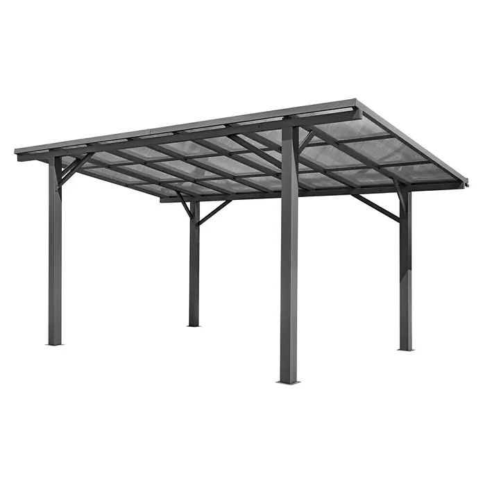 Carport Andy - Außenmaß inkl. Dachüberstand (B x T): 498 x 294 cm, Einzelcarport, Anthrazit - Bild eines grauen Pavillons mit transparentem Dach. Das schlichte Design fügt sich gut in jeden Garten ein und bietet Schutz vor Sonne.