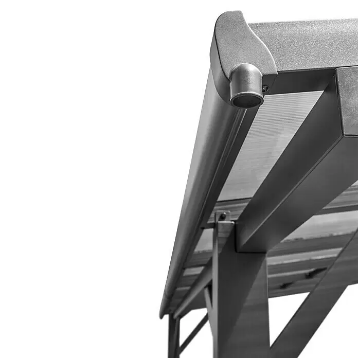 Carport Andy - Außenmaß inkl. Dachüberstand (B x T): 498 x 294 cm, Einzelcarport, Anthrazit - Nahaufnahme eines modernen dunkelgrauen Metallvordachs mit durchscheinendem Dachpaneel und integriertem Entwässerungssystem.