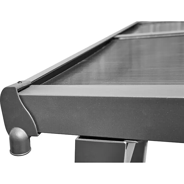 Carport Andy - Außenmaß inkl. Dachüberstand (B x T): 498 x 294 cm, Einzelcarport, Anthrazit - Dunkelgraues Metall-Pergola-Gestell mit durchsichtiger, gerippter Dachplatte, zeigt Eckverbindung und Beinauflage.
