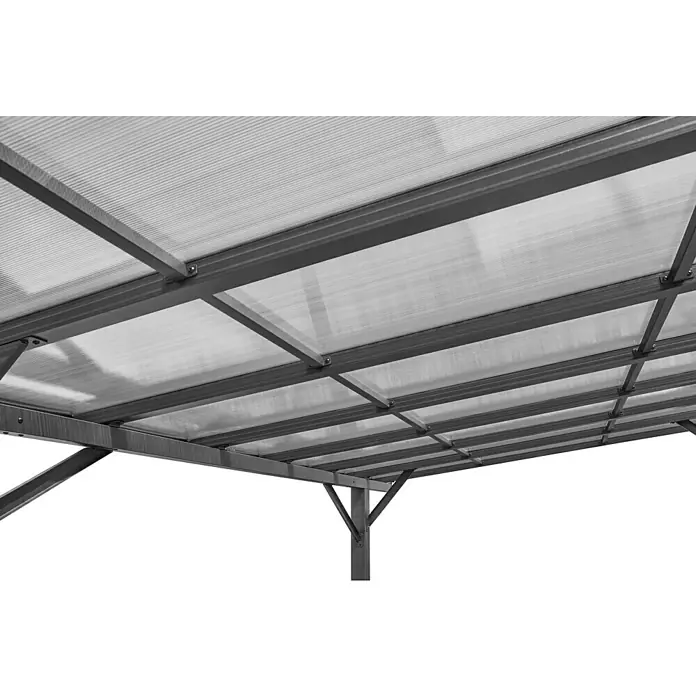 Carport Andy - Außenmaß inkl. Dachüberstand (B x T): 498 x 294 cm, Einzelcarport, Anthrazit - Ansicht von unten des Polycarbonat-Carports mit grauen Stahlrahmen und durchscheinenden Platten, die Schutz vor Witterungseinflüssen bieten.