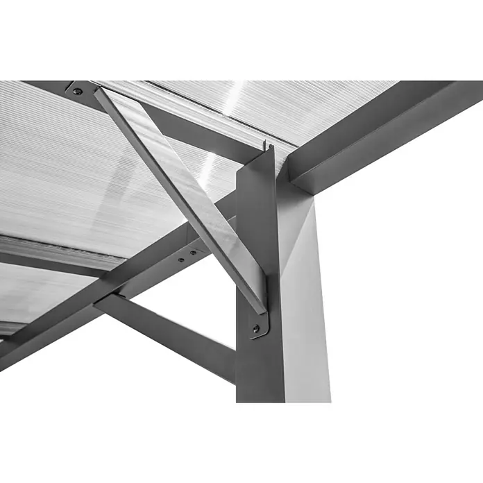 Carport Andy - Außenmaß inkl. Dachüberstand (B x T): 498 x 294 cm, Einzelcarport, Anthrazit - Detailaufnahme einer robusten Metallkonstruktion, die ein transparentes Dach stützt, ideal für Terrassenüberdachungen.