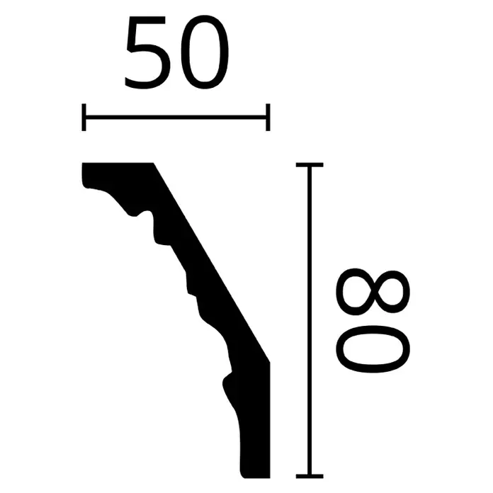 Nmc Decoflair Zierprofil Deckenleiste F5 - 2 m x 50 mm x 80 mm, Hochverdichteter Polyurethanschaum (PU) - Profilleiste mit den Maßen 50 x 80 mm. Das Profil ist detailliert und in Schwarz gehalten.