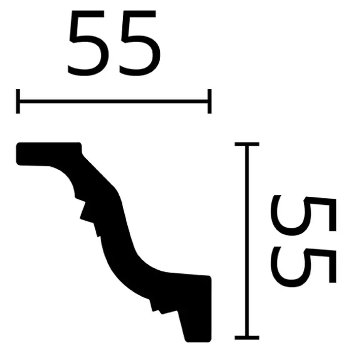 Nmc Decoflair Zierprofil Deckenleiste F3 - 2 m x 55 mm x 55 mm, Hochverdichteter Polyurethanschaum (PU) - Profilbild mit den Maßen 55x55 mm, das die Form und Größe des Produkts zeigt. Ideal zur Visualisierung der Produktdimensionen.