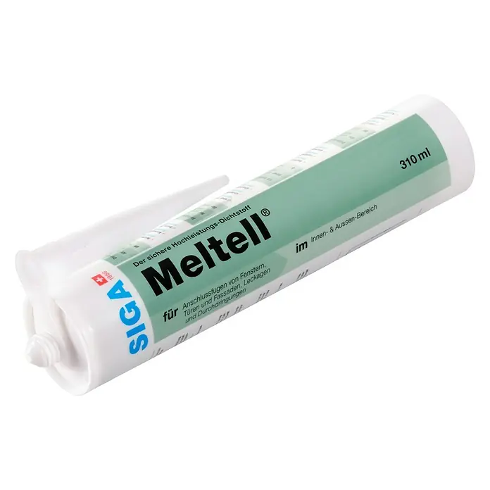 Siga Dichtmasse Meltell - 310 ml, Weiß strukturiert - Bild einer Kartusche Meltell® Dichtstoff von SIGA, ideal für Fenster, Türen und Fassaden, 310 ml Inhalt für Innen- und Aussenbereich.