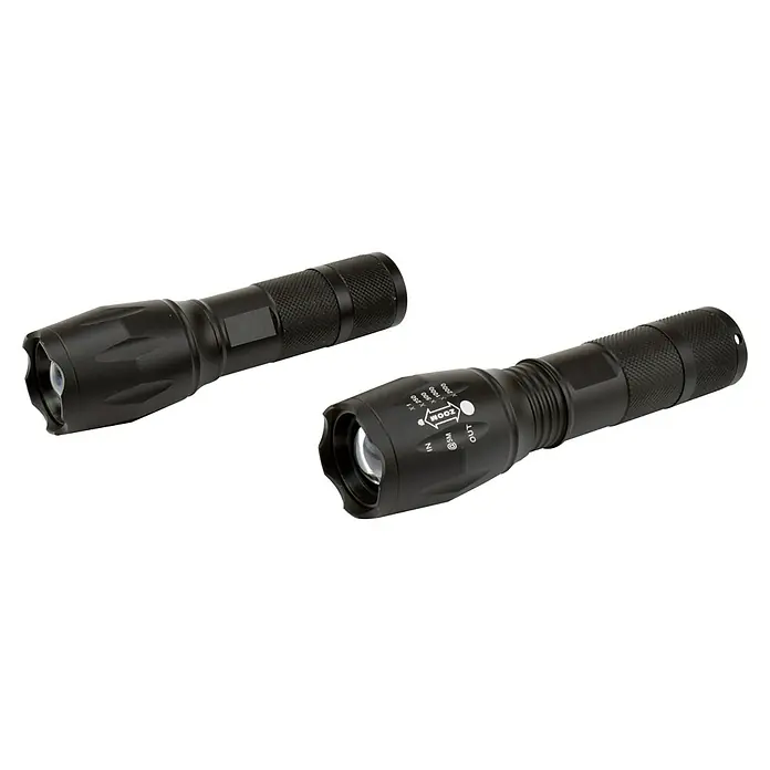 BAUHAUS Taschenlampe - 120 lm, IPX2 - Zwei schwarze LED-Taschenlampen, ideal für Outdoor-Aktivitäten und Notfälle, bieten helle und fokussierte Beleuchtung.
